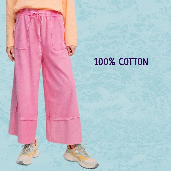 EASEL "Criss Cross" Mineral Washed Distressed Seams Cropped Pants Pockets Cotton - Picture 8 of 13